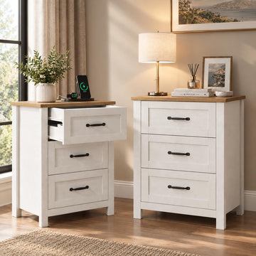 Farmhouse Nightstands Set of 2 with Charging Station and Hidden Drawer