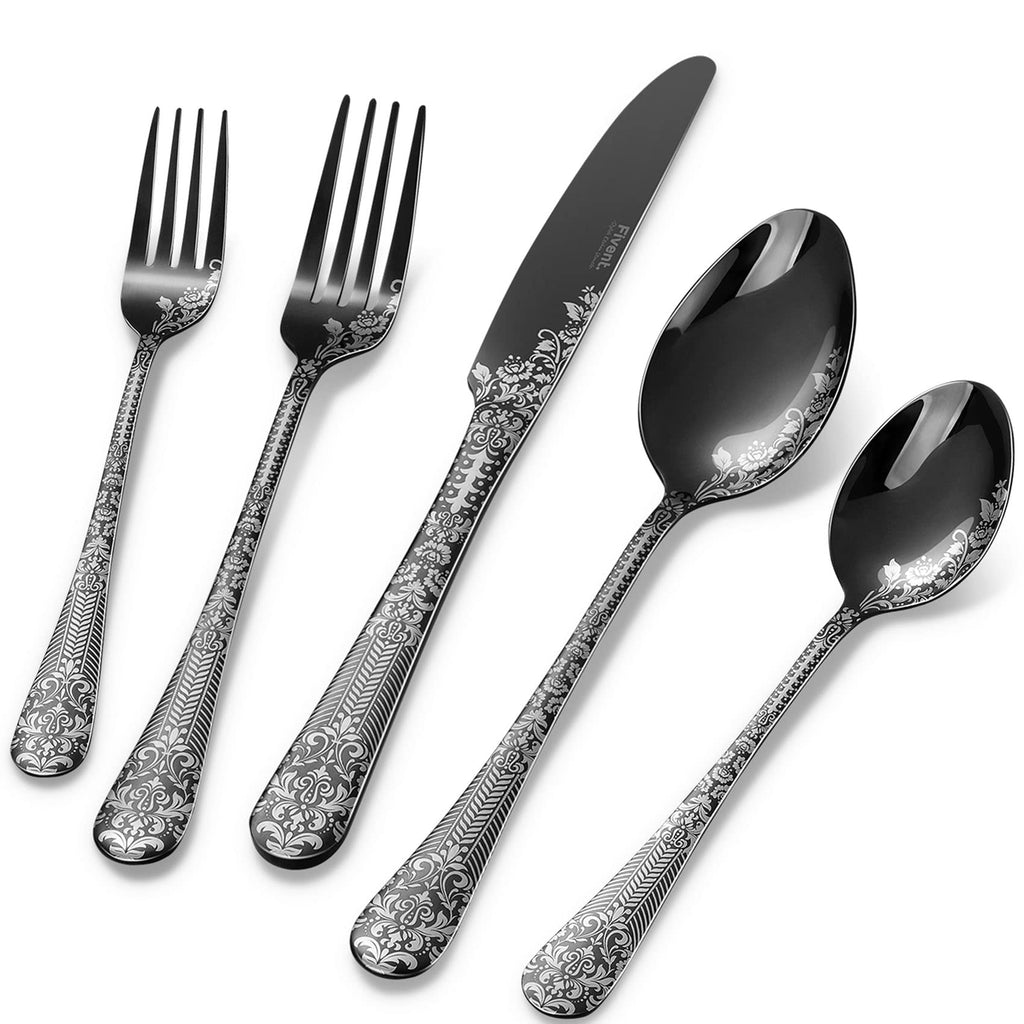 Floral Damask Rose 20-Piece Black Cutlery Set, Service for 4