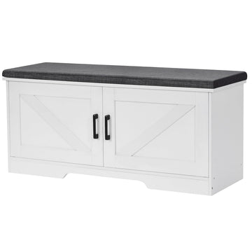 Farmhouse Shoe Storage Bench with 2 Barn Doors & Padded Seat Cushion