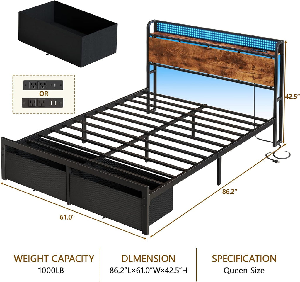 Queen Bed Frame with Headboard Storage, Platform Bed Frame Queen with 2 Drawers, Charging Station and LED Lights