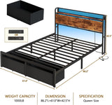 Queen Bed Frame with Headboard Storage, Platform Bed Frame Queen with 2 Drawers, Charging Station and LED Lights