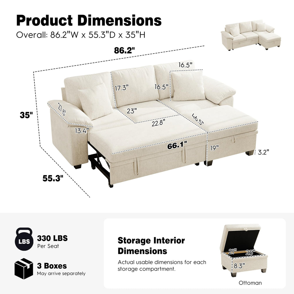 86" Modular Sectional Sofa with Pull Out Bed, 4-Seater L Shaped Sectional Sleeper Couch with Storage Ottoman