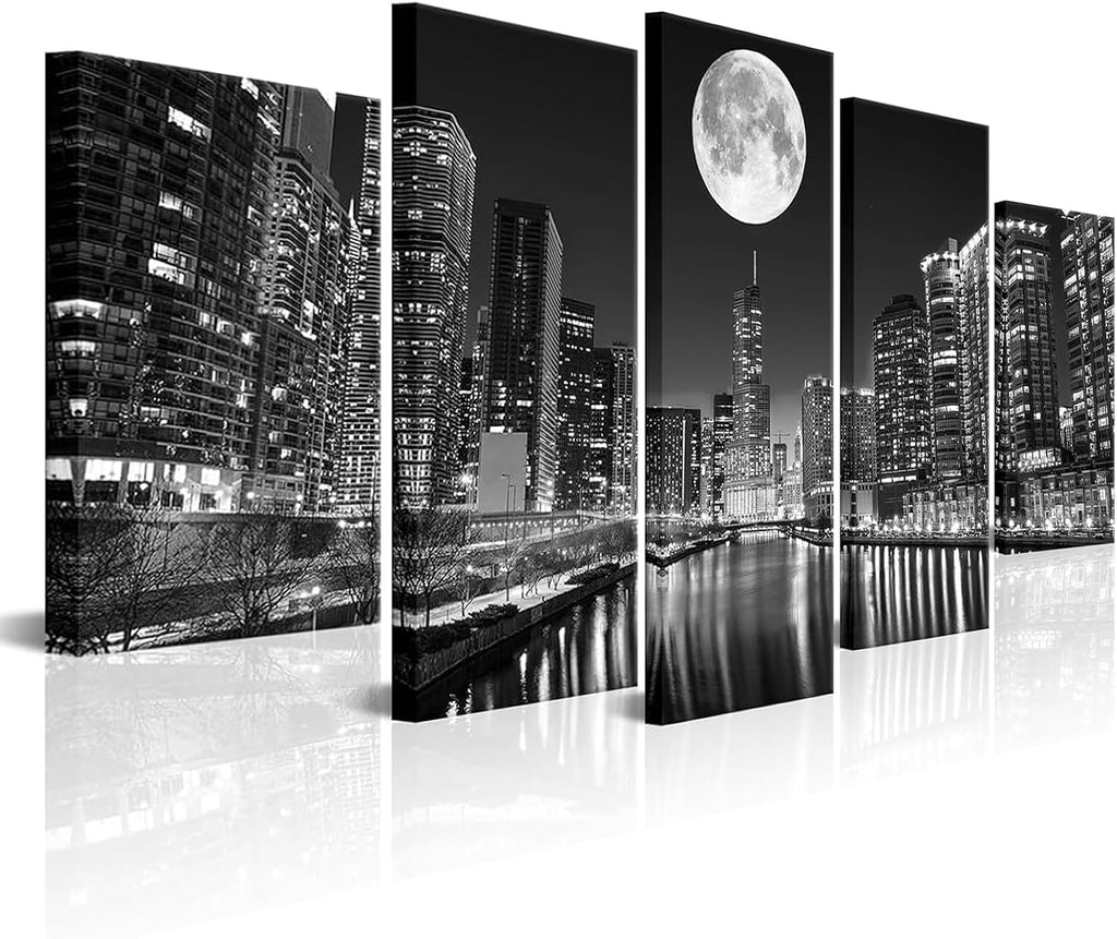 5 Panel Chicago Skyline Wall Art Cityscape at Moon Night Picture Canvas Prints Modern Black and White City Painting