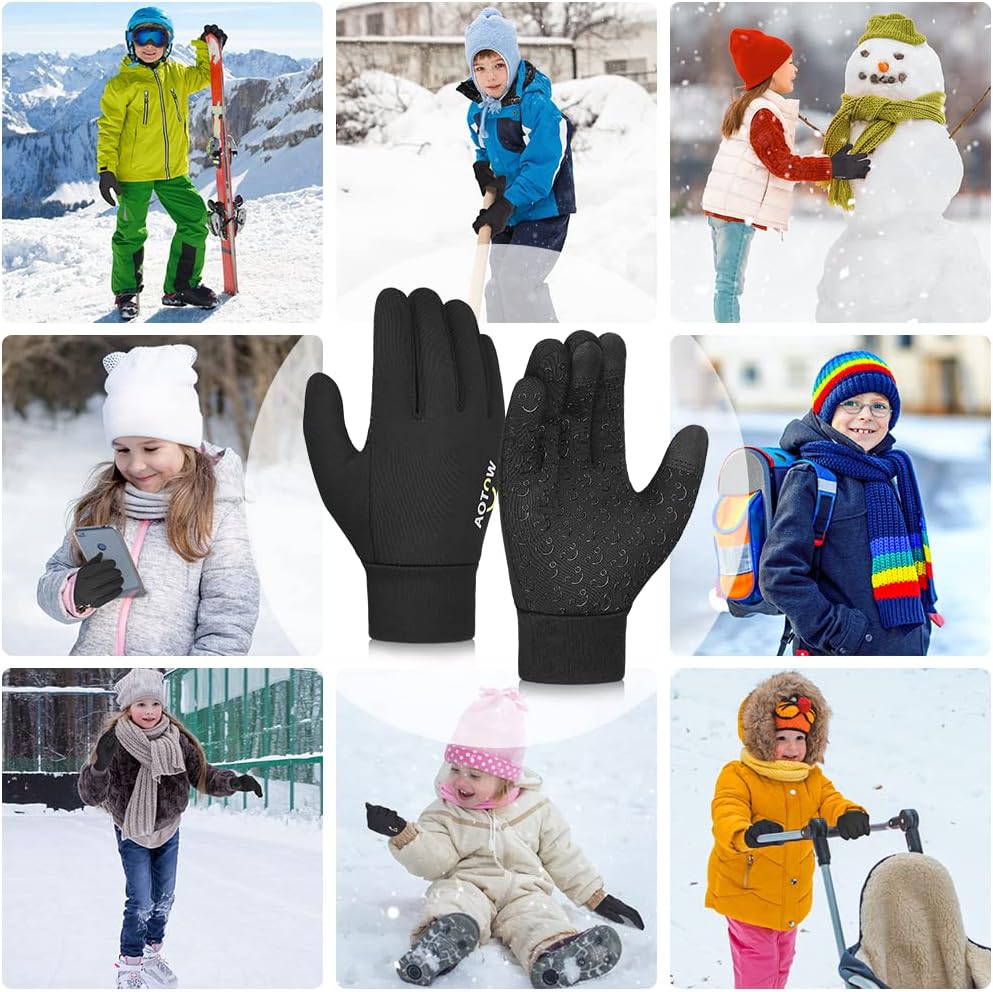 Kids Winter Warm Sports Gloves - Cold Weather Water-Resistant Children Mittens Boys Girls Black