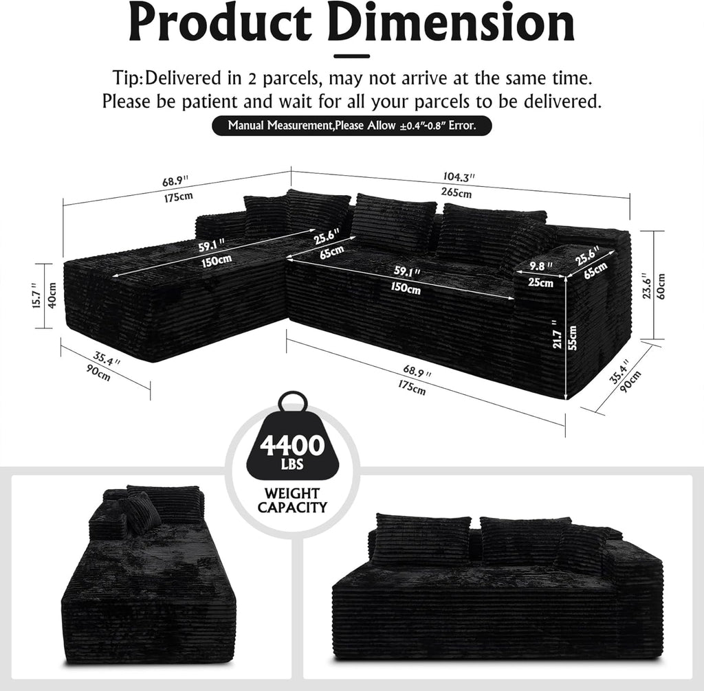 Boneless Modular Sectional Sofa, Cloud Couch with Left Facing Chaise, Oversized Deep Seat, L-Shaped