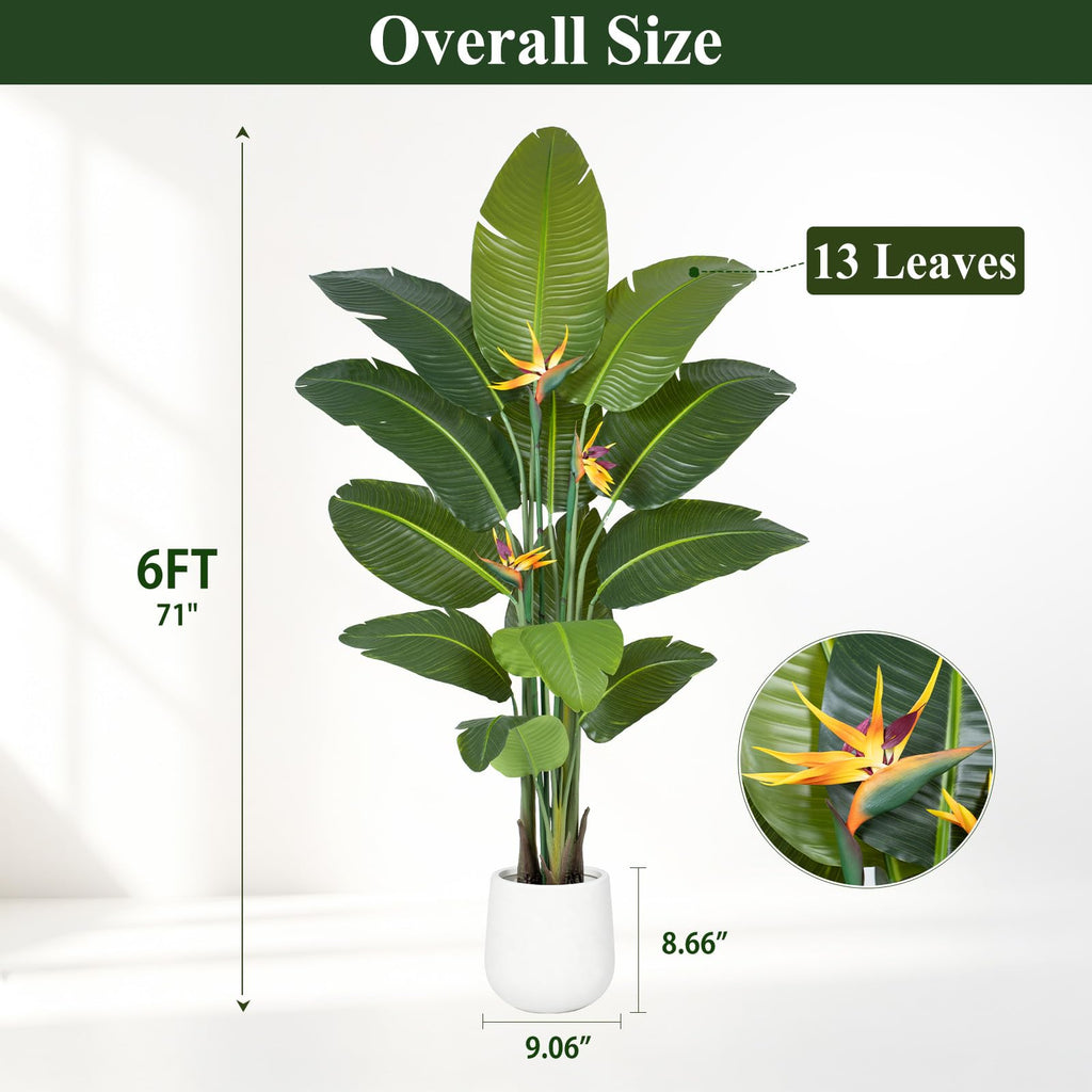 Bird of Paradise Artificial Plant in White Pot, 6ft Tall Faux Banana Leaf Tree with 3 Tropical Bird Flowers & 13