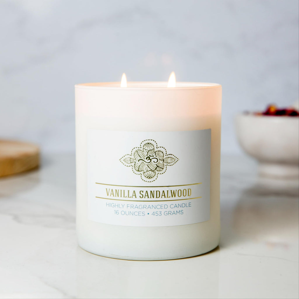 Vanilla Sandalwood Scented Candle, 16 oz Wellness Relaxing Aromatherapy Candle, 2 Wick White Jar Soy Blend Wax