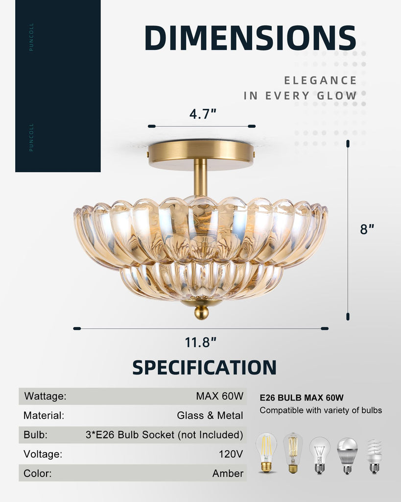 3-Light 12 Inch Amber Semi Flush Mount Ceiling Light