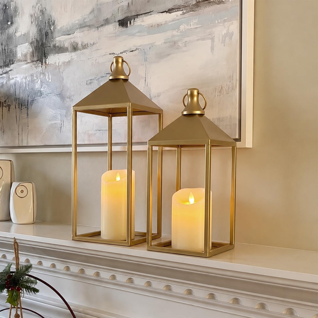 Decorative Candle Lanterns Indoor, 2 Pcs Gold Metal Lanterns with Candles