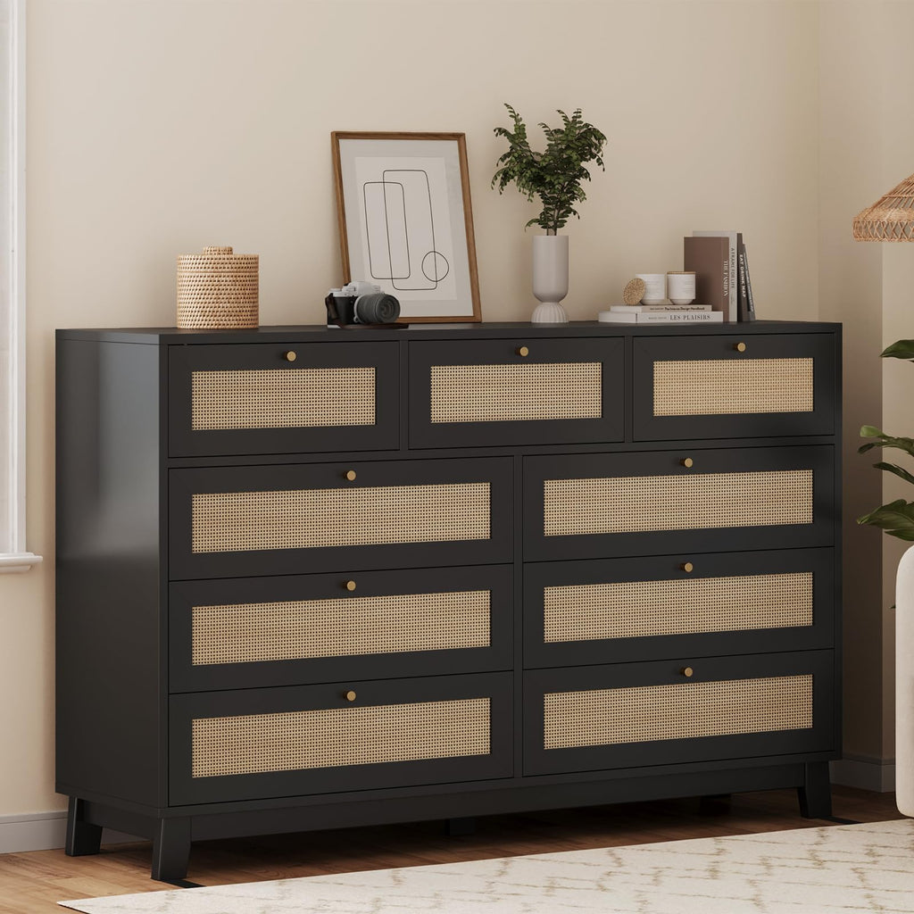 Black Rattan Dresser with 9 Drawer, Modern Double Wooden Long Bedroom Dresser, Chest of Drawers with Metal Handle &