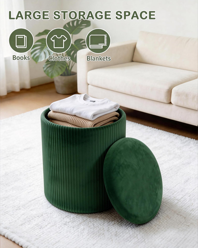 Round Ottoman with Storage, Velvet Foot Rest Stool