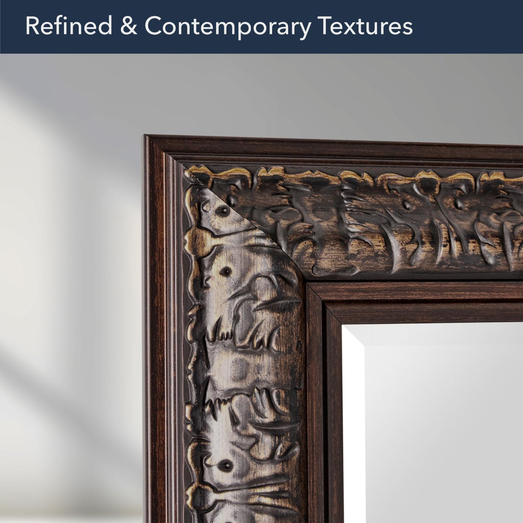 Bronze Ornate Embossed Framed Rectangle Mirror 28" x 34", Wall Mounted Beveled Accent Decorative Bathroom Mirrors for