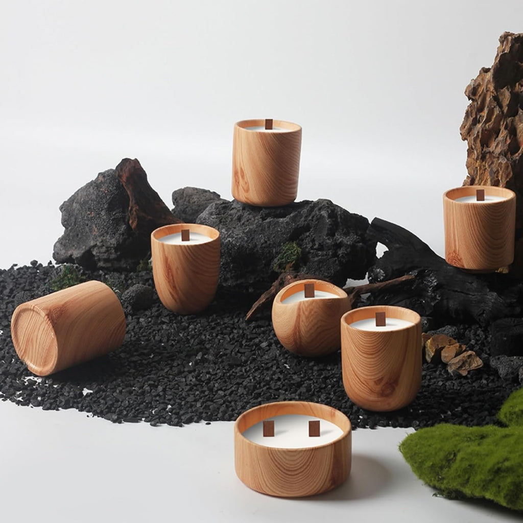 Nordic Pottery Vessel - Wooden Texture Ceramic Container for Scented Candle Crafting & Aromatherapy (3.15 x 3.54 in) - Set of 3