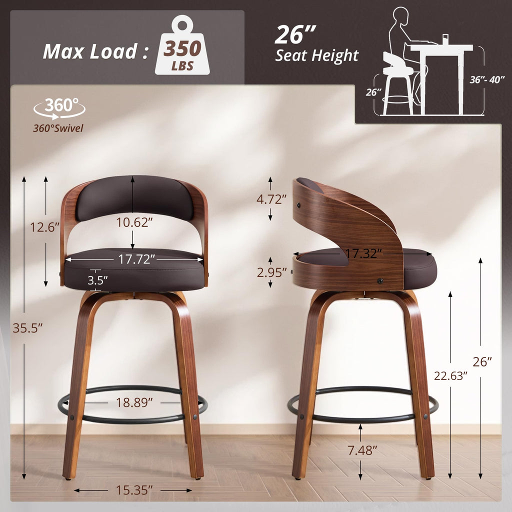 Swivel Bar Stool Set of 1, 26" Faux Leather Upholstered Counter Height Barstool with Back, Mid-Century Modern Bar Chair