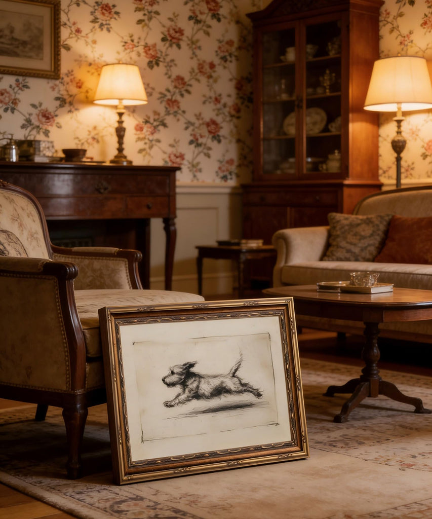 Vintage Gold Framed Running Dog Antique Terrier Sketch Wall Art 16x24in