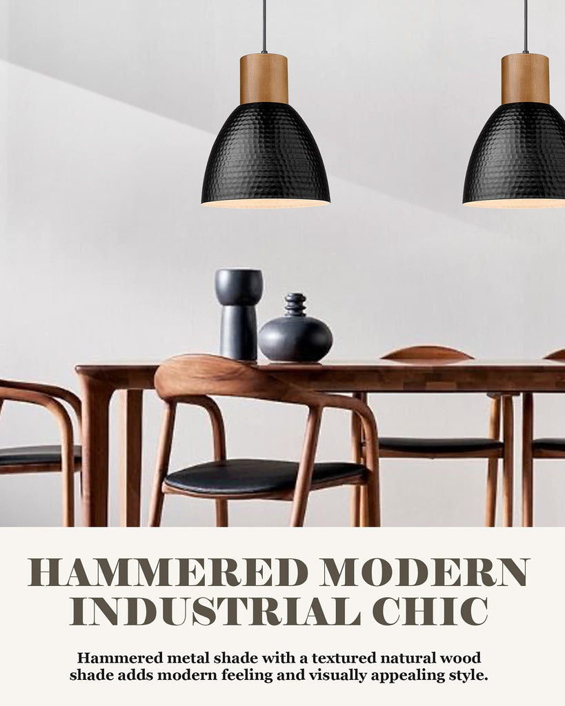 Hammered Pendant Light, 10.2" Industrial Hanging Lamp with Solid Wood & Metal Shade, Modern Pendant Light Fixtures