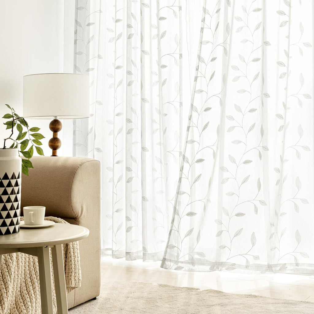 Ivory Sheer Curtains 2 Panels Embroidered Leaf Patterned, W52 x L84