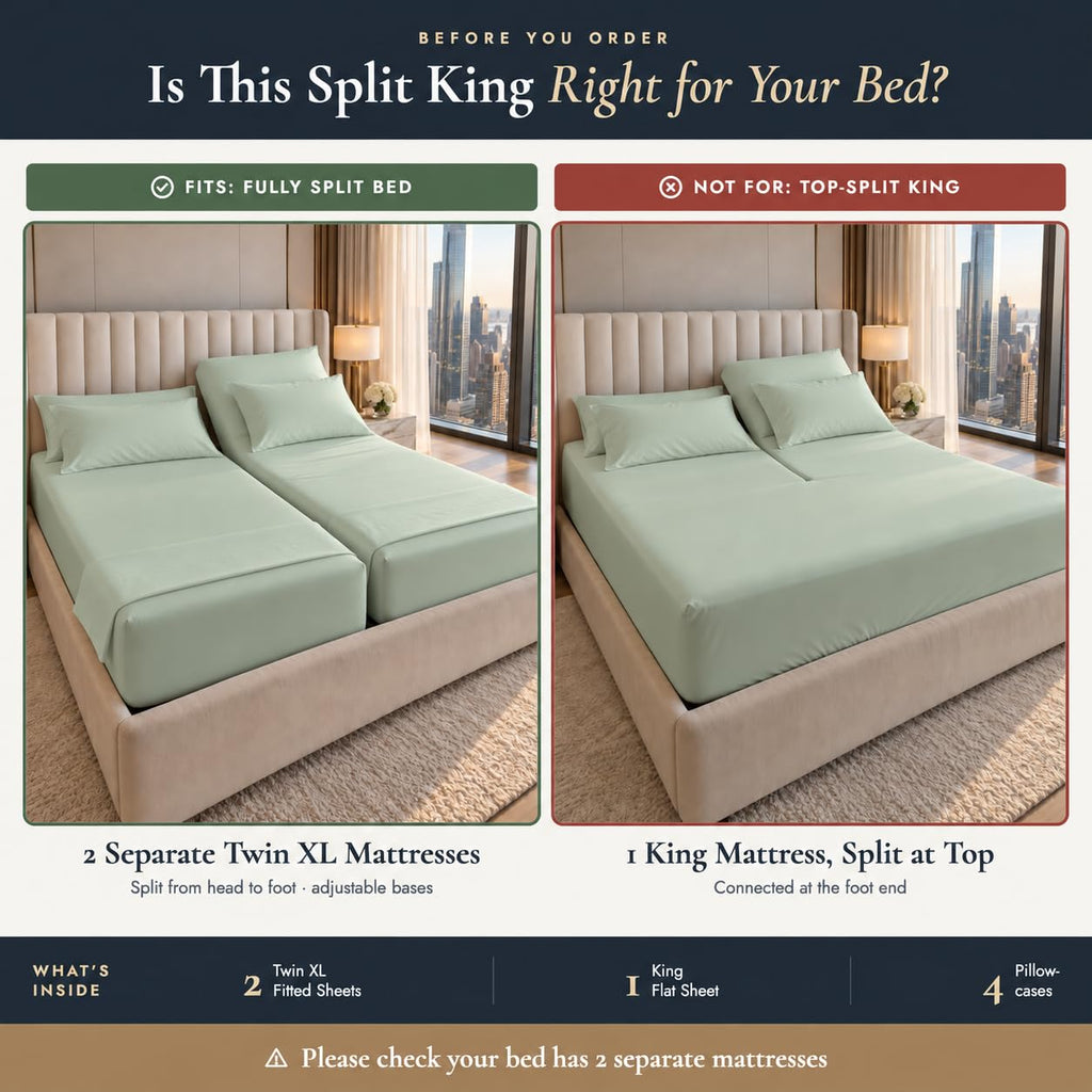 Split King Sheets for Adjustable Bed, 7Pc Egyptian Cotton Bed Sheets, Sage