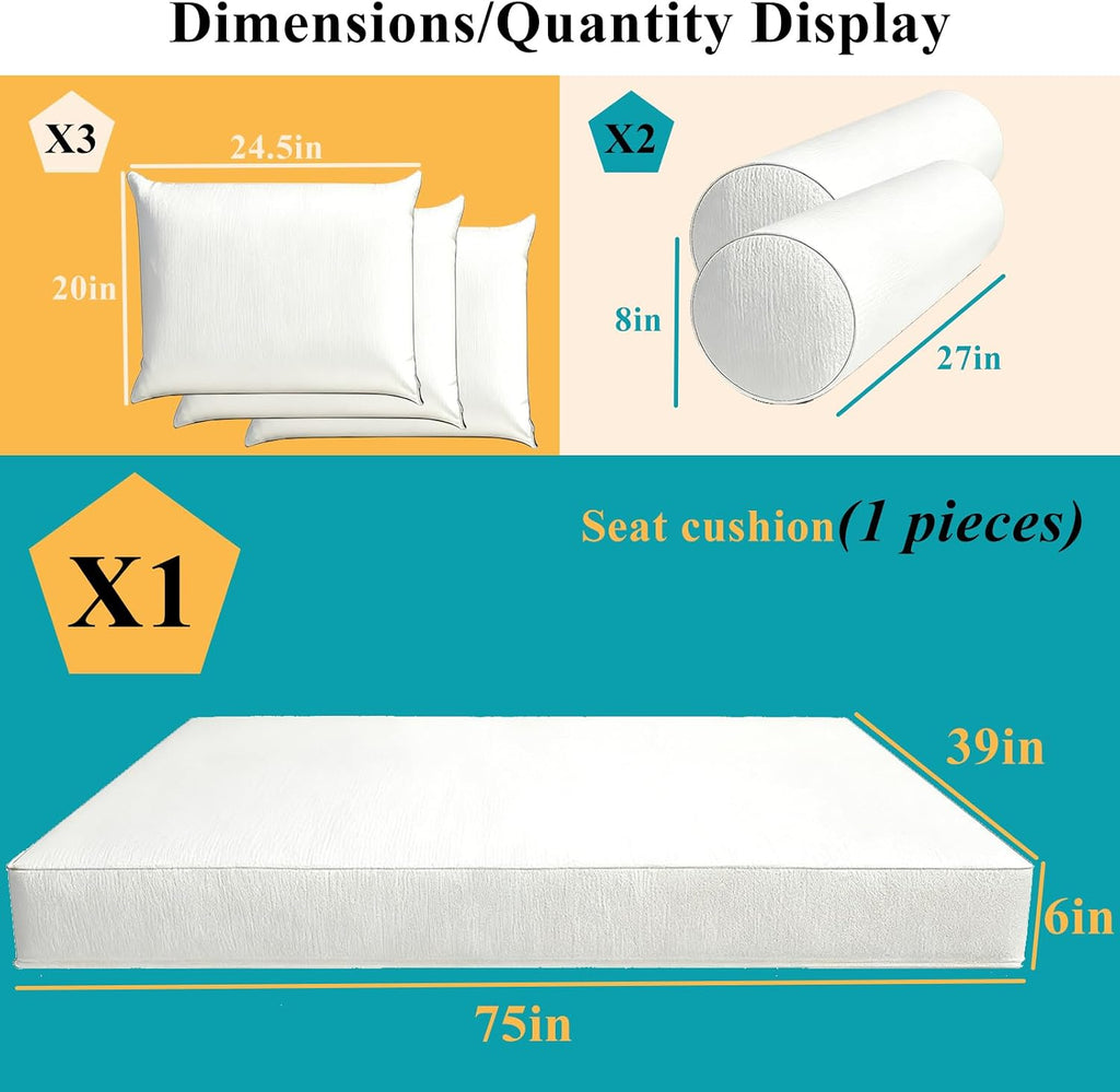 6 Pc Tw Daybed Cushions Set,Twin Size Outdoor Hanging Porch Swing Bed Mattress Bolster Pillow Complete Set (White, 75