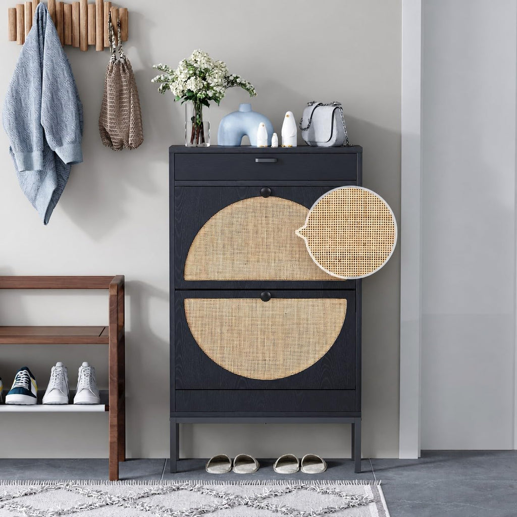 Shoe Rack Storage Organizer with 2 Natural Semi-Circular Rattan Doors, Entryway Wooden Shoe Cabinet for Sneakers