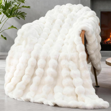 Faux Fur King Blanket for Couch, 1000 GSM Cozy Fuzzy Fluffy Soft Plush Thick Bubble Sherpa Blanket for Sofa Bedroom