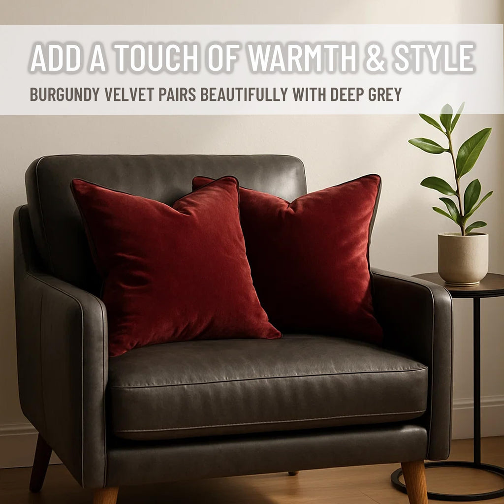 2 Pack Polyester Decorative Throw Pillow Covers, 18"x18", Burgundy, Solid, Modern, Contrast Piping, Indoor Use