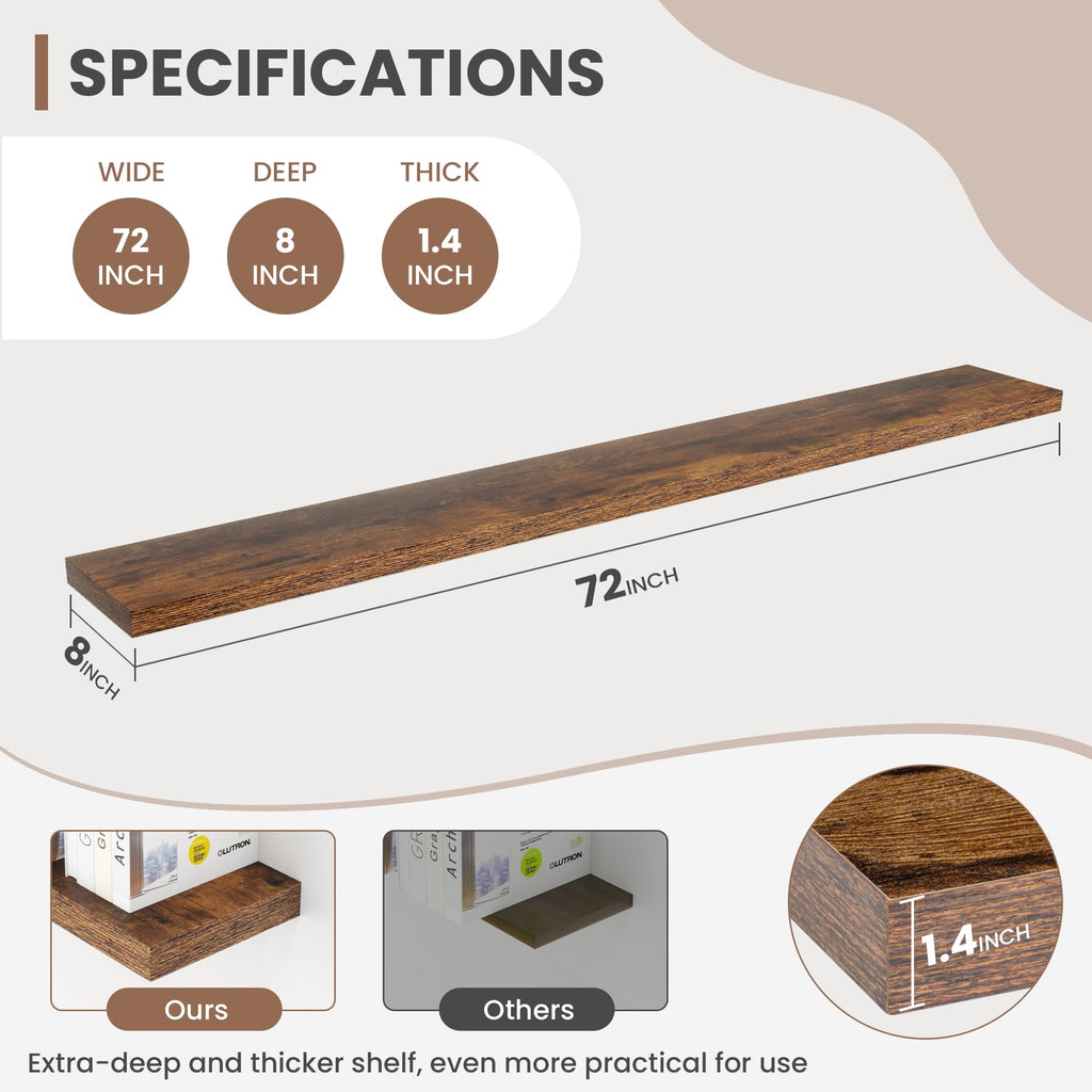 72 Inch Floating Shelves, 8 Inch Deep Floating Shelves for Wall, Hanging Shelf with Invisible Brackets, Deep Shelves