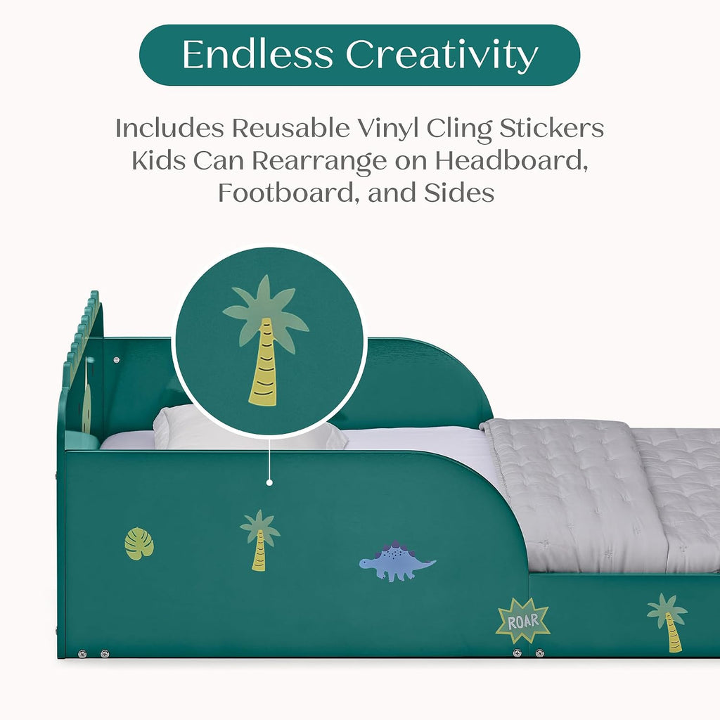 Dino Wood Floor Toddler Bed with Reusable Stickers, Green