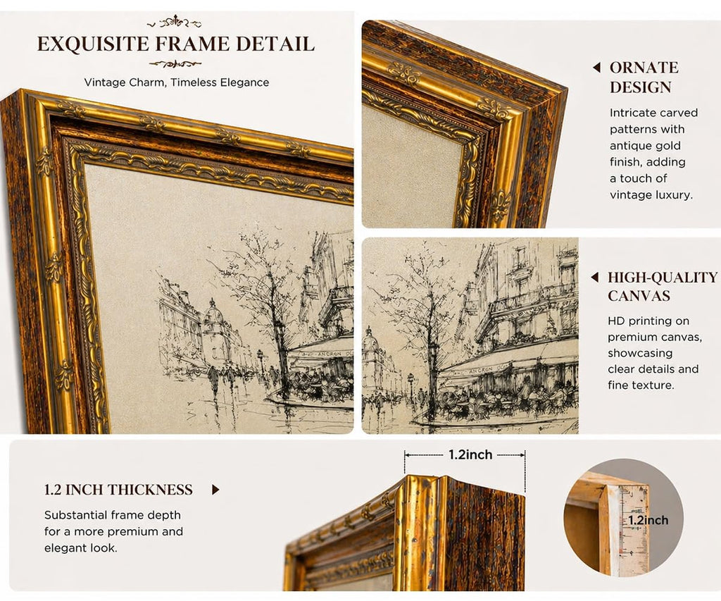 Vintage Paris Cafe Wall Gold Frame, European Cityscape Sketch Print