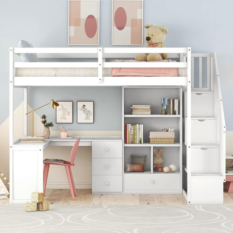 Wood Loft Bed Twin, Multifunctional Twin Bed Frame with L-Shaped Desk and Drawers, Cabinet and Storage Staircase, White