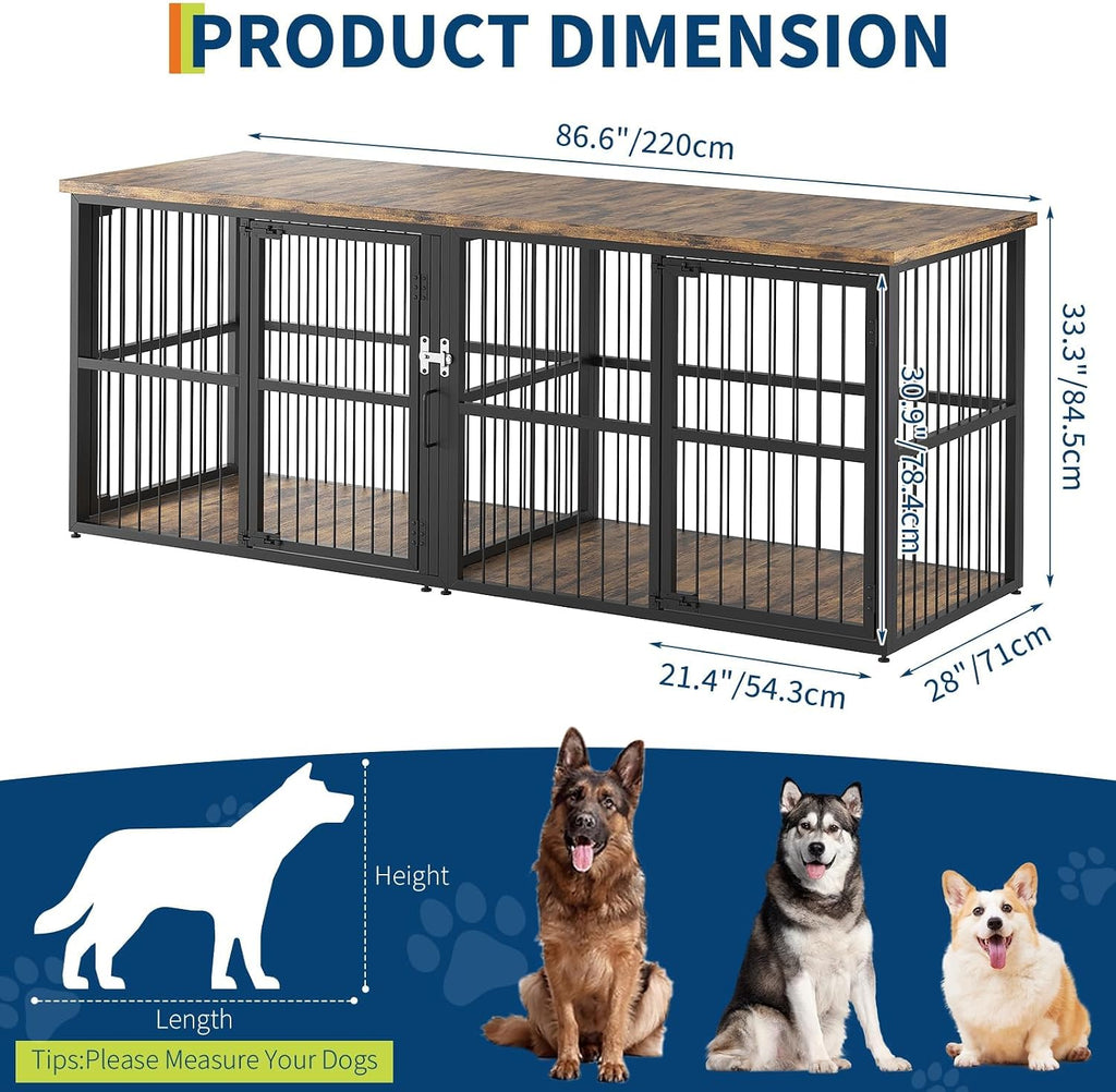 XXL Double Dog Crate Furniture - Heavy Duty Wooden Kennel with Divider - 2 Lockable Doors - Indoor Large Dog Cage