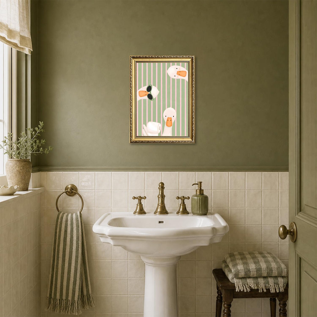 Funny Goose Bathroom Wall Art Cute Silly Gooses Toilet Wall Decor Painting, Green Pink Stripes Animal Poster Canvas