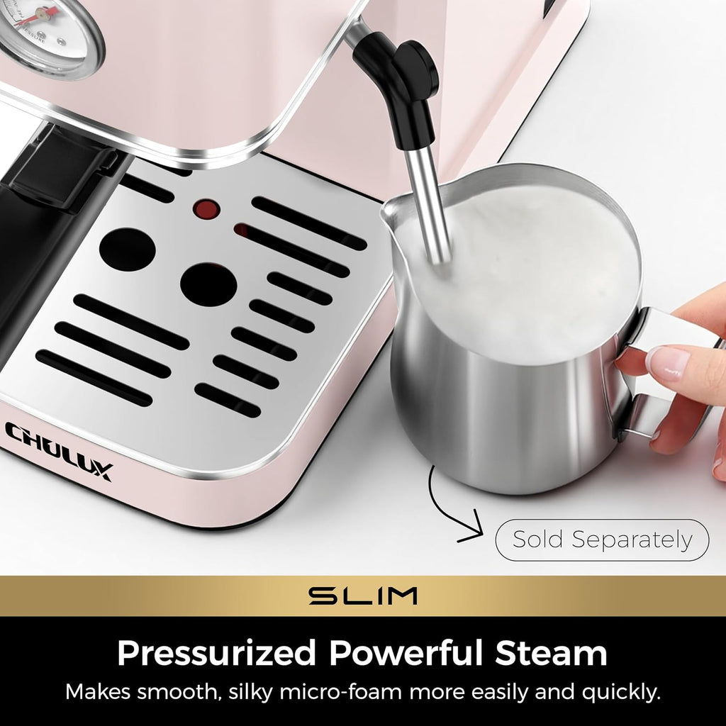 Slim Espresso Machine with Milk Frother Cappuccino, Pink | Precise Pressure Gauge, Food-Grade Materials, 20 Bar