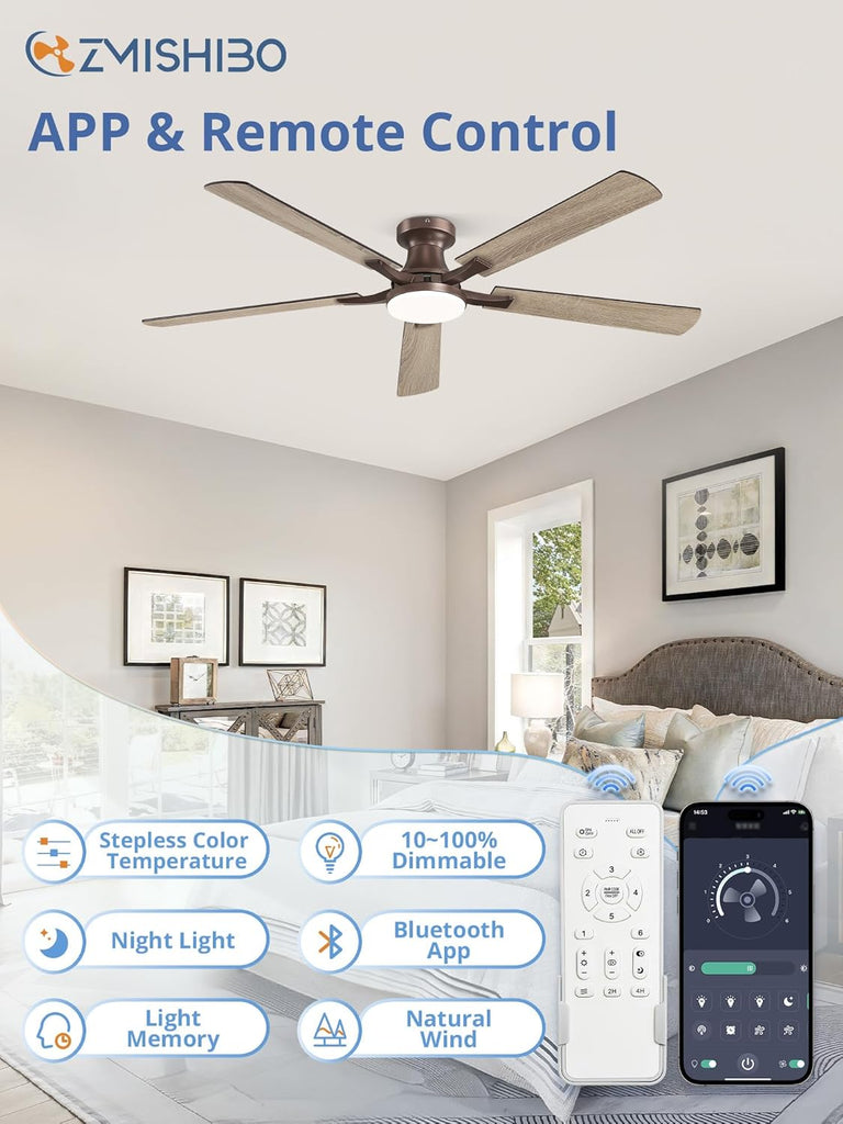60 Inch Ceiling Fan with Light, App&Remote Control, Flush Mount Low Profile, Dimmable 20W LED Light, Quiet Reversible Motor for Bedroom, Living Room, Apartment, Brown A101-B0F8B67B1W