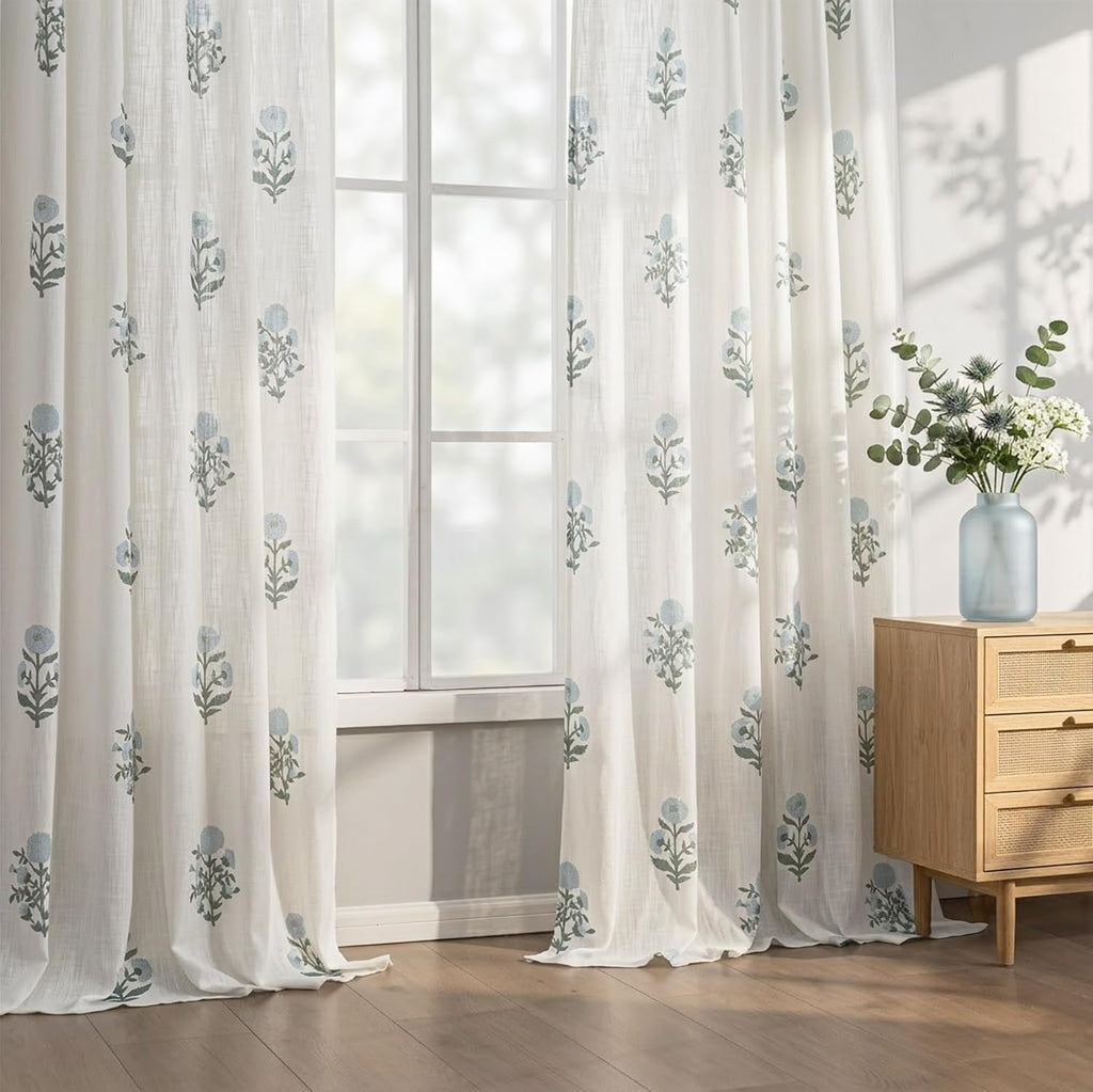Floral Curtains 63 Inch Length Bedroom, Blue Green White Pattern Linen Semi Sheer Light Filtering Pinch Pleated