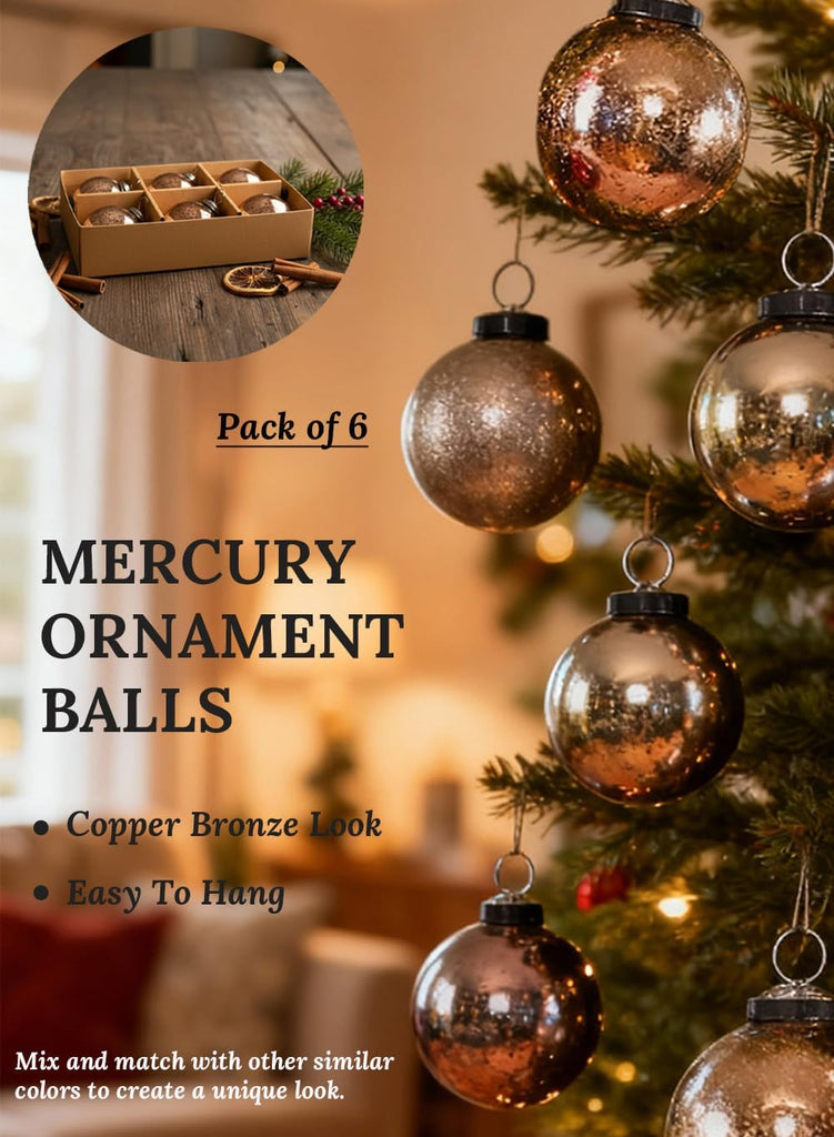 Set of 6 Copper Bronze Mercury Glass Christmas Ball Ornament for Window Box, Decorative Ornaments for Holiday Décor