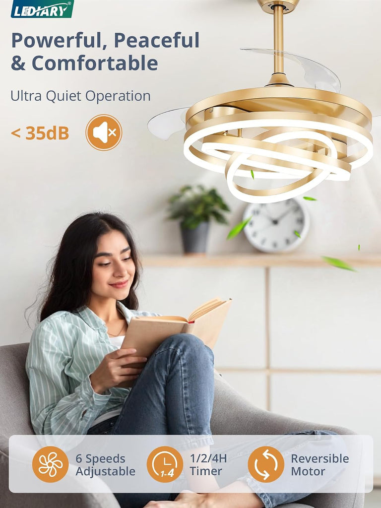 42 Inch Retractable Ceiling Fan with Lights, Modern Gold Fandelier