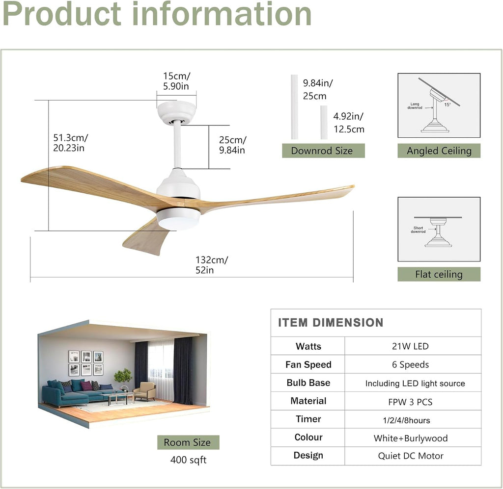 52 Inch Wood Ceiling Fan with Light and Remote - Quiet Reversible DC Motor, 6 Speed - White & Natural Wood