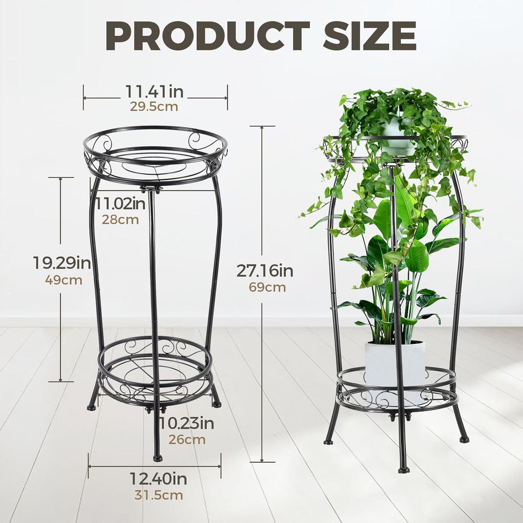 Plant Stand Indoor Outdoor, Tall Black Metal, 2 Tier 27.1 Inch | Rustproof Metal, Stable 3-Leg Base, Heavy Duty 100