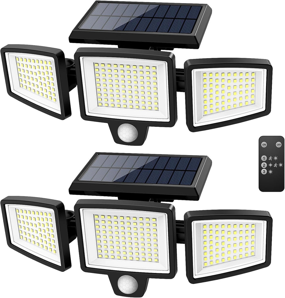Solar Outdoor Lights 2500LM 210 LED Security Lights with Remote Control,3 Heads Motion Sensor Lights, IP65
