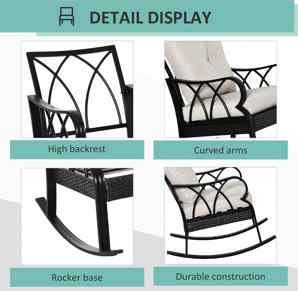 Outdoor Wicker Rocking Chair Padded Cushions Aluminum Khaki | Furniture Rattan Porch Rocker Chair, Armrest, Garden