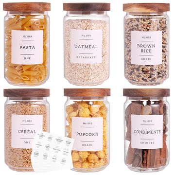 6 Set Glass Pantry Storage Jars with Acacia Airtight Lid - 23oz Thicken Glass Kitchen Canisters with 132 Pantry