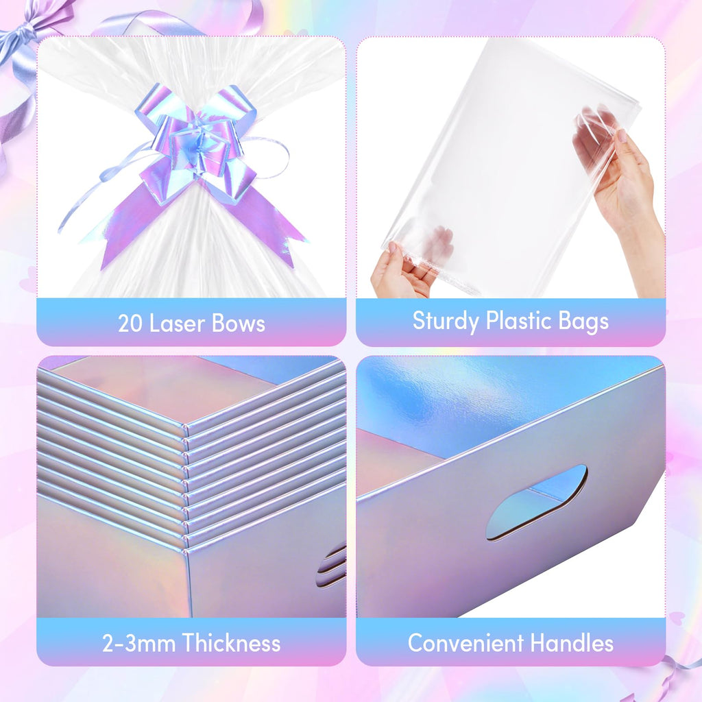 20 Pack Iridescent Gift Baskets Empty, 10x8 Thick Paper Basket with 20 Clear Bags and 20 Pull Bows, Holographic Gift