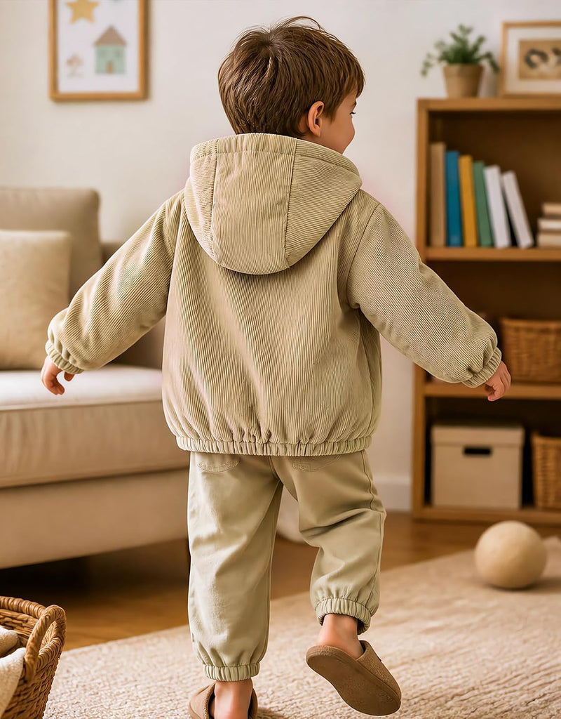 Boy Corduroy Jacket Hooded Zip-up Coat Winter Outwear