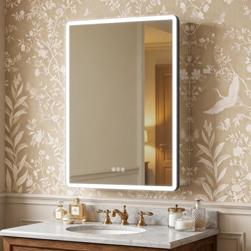 24x32 Black Left-Hinge LED Medicine Cabinet Mirror Round Corner