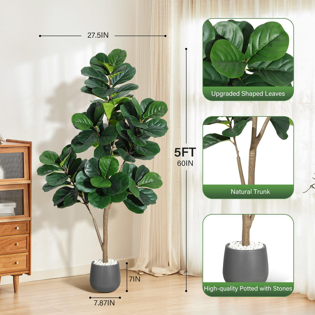 5 ft Fiddle Leaf Fig Tree Artificial with 77 Leaves - Realistic Faux Ficus Lyrata Trees in 7.8 in Grey Planter Pot