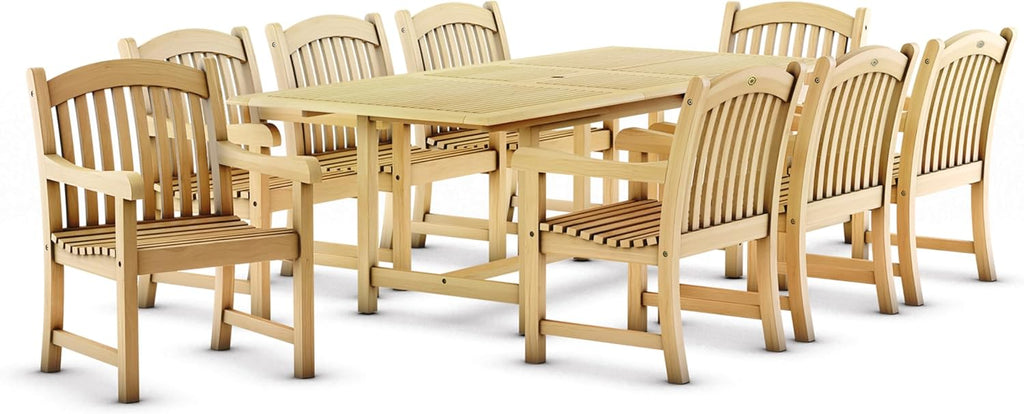 Newcastle 9-Piece Outdoor Rectangular Dining Table Set | Certified Teak | Ideal for Patio and Indoors, Light Brown