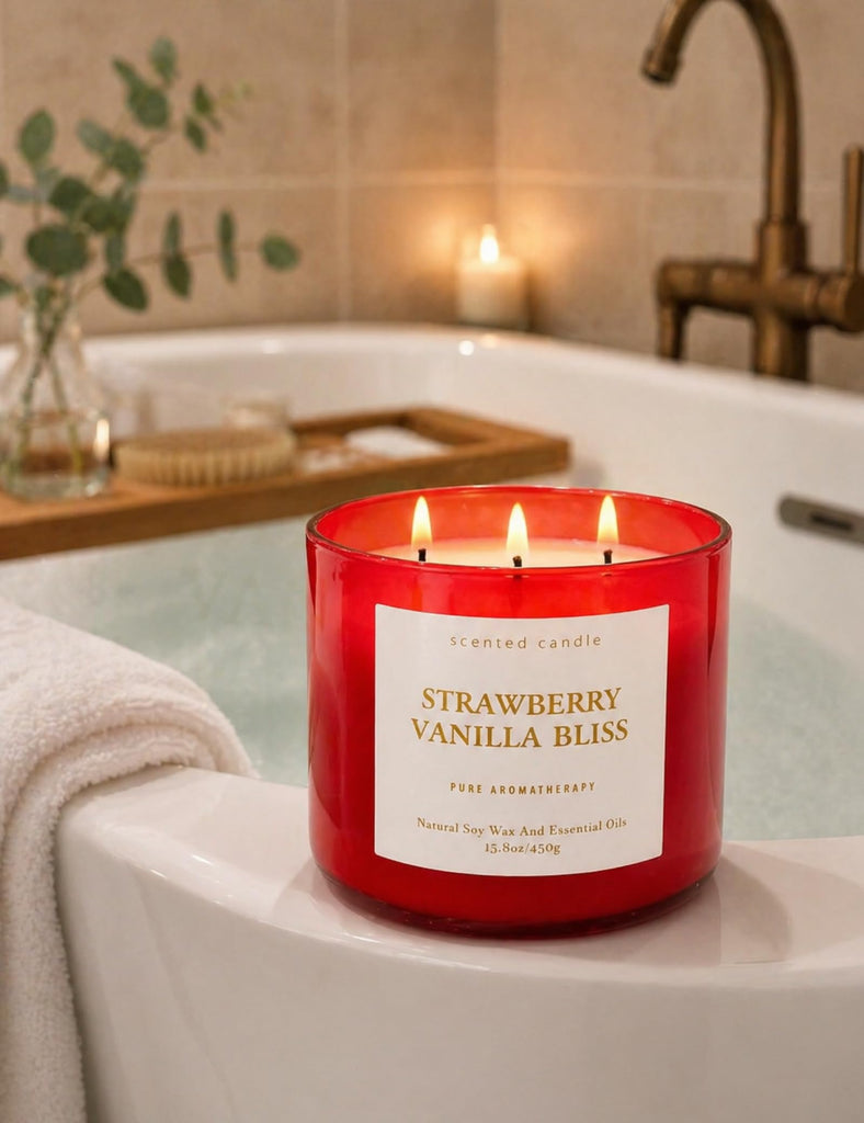 Strawberry Vanilla Bliss, 3-Wick Scented Soy Candle for Women, 15.8 Oz