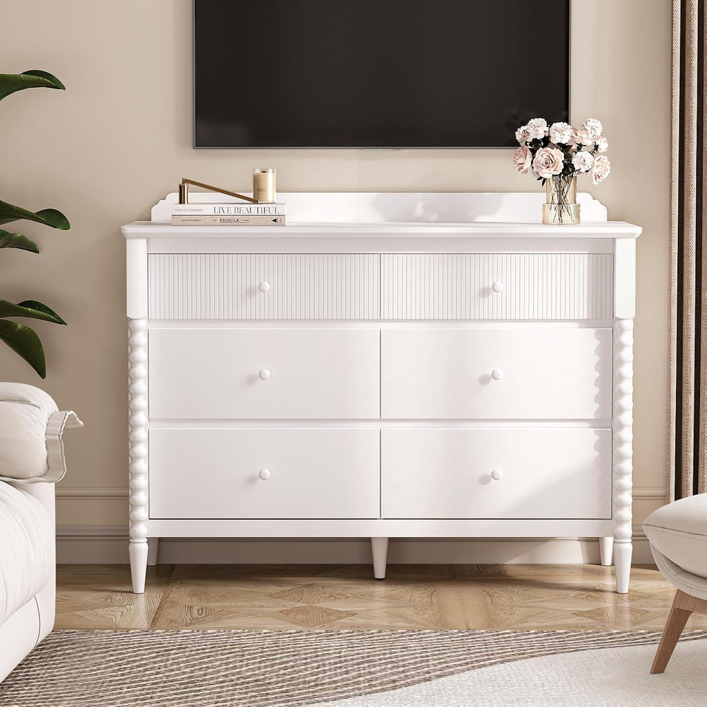 White Nursery Dresser for Kids Bedroom, 6 Drawers for Storage | Jenny Lind Spindle Legs Dresser, Baby Clothes