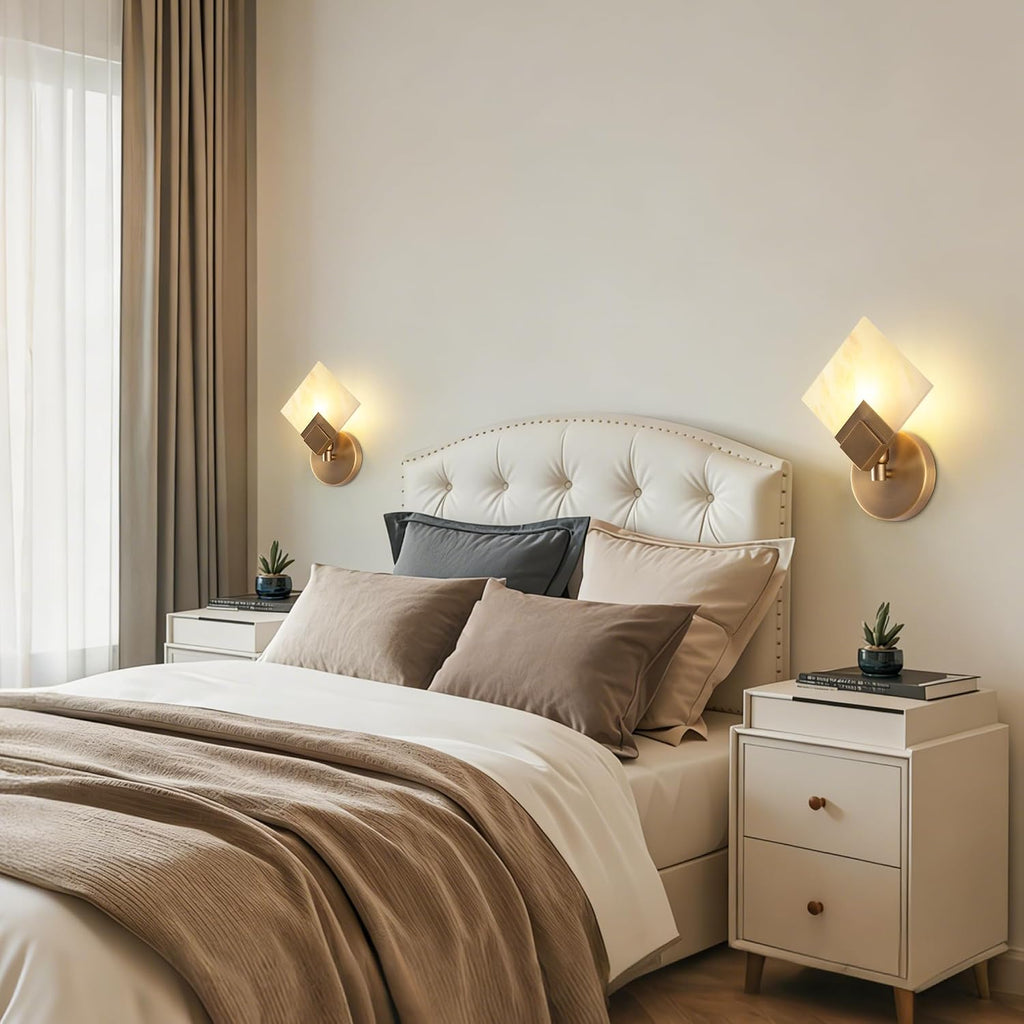 Marble Wall Sconces Set of 2, Natural Marble & Gold Square Wall Sconce Hardwired, Dimmable Wall Light Fixtures